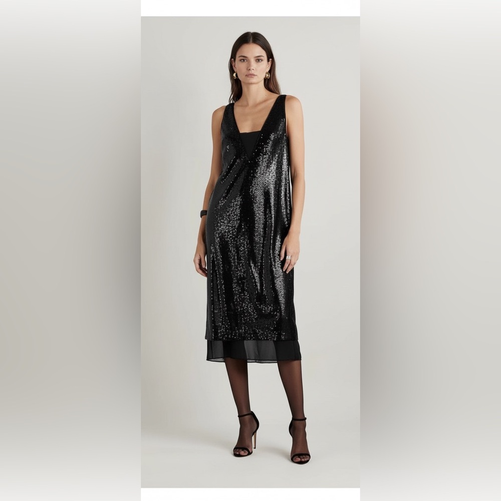 NWT LA LIGNE  Black  Oona sequined midi dress XS party prom Special occasion